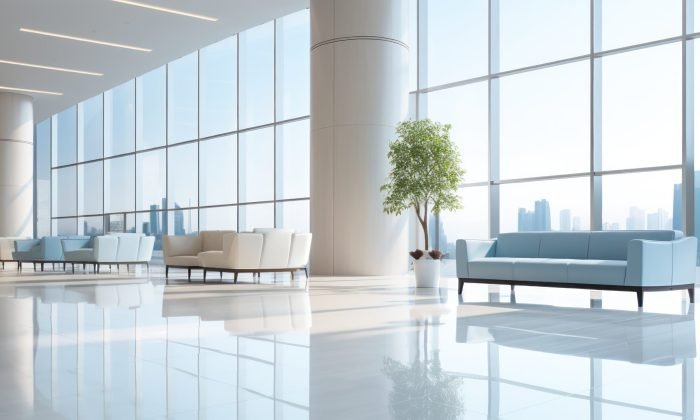 modern lobby shines with reflective floors and minimalist furnis Modern lobby shines with reflective floors and minimalist furnishings.